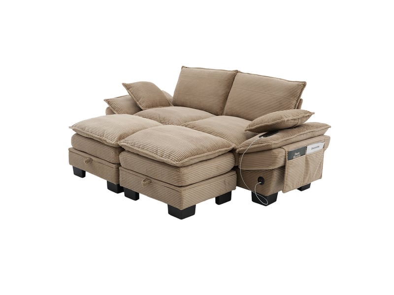  Canapé 2 places modulable en velours côtelé kaki avec 2 poufs et port usb-c  - Conforama A
