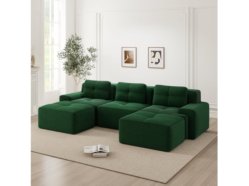  Canapé modulaire u 3 places 293x177x69 cm avec ottomans velours côtelé vert  - Conforama C