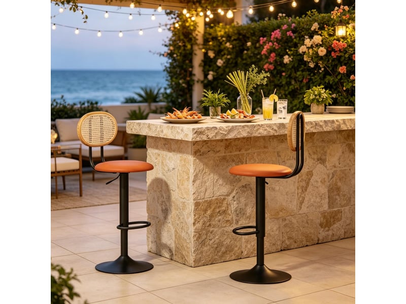  Tabourets de bar lot de 2 réglables avec dossier, rotation 360° et repose-pieds, en rotin synthétique noir et marron  - Conforama B
