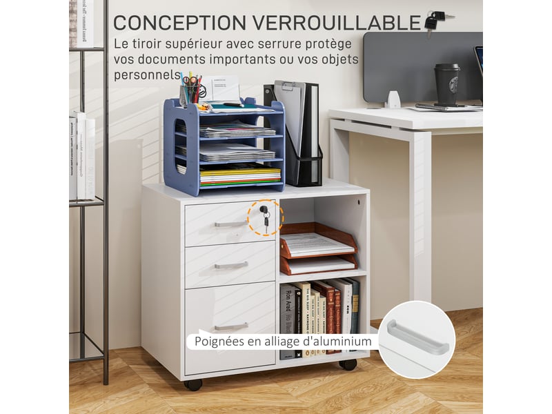  Support d'imprimante à roulettes 3 tiroirs blanc 60 x 40 x 56 cm  - Conforama E