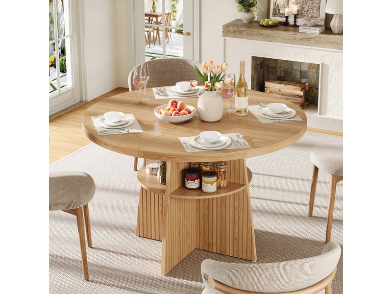  Table de cuisine ronde avec allonge bois clair - 110x110-150max.cm mdf  - Conforama D