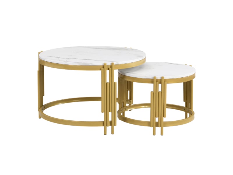 Ensemble de tables basses rondes 70x50 cm - effet marbre, cadre métal doré, modulables, style contemporain - Conforama A