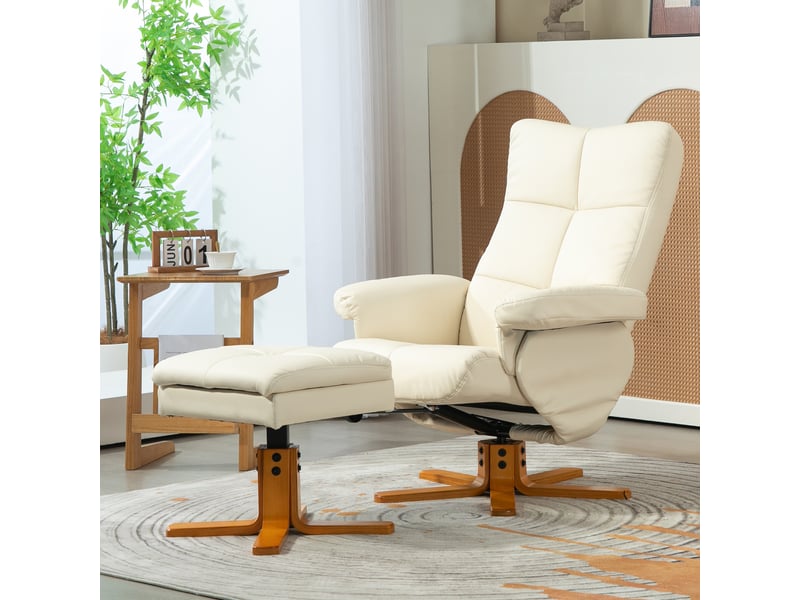  Fauteuil inclinable avec repose-pieds, dossier inclinable à 145°, pivotant à 360°, similicuir, blanc crème  - Conforama D