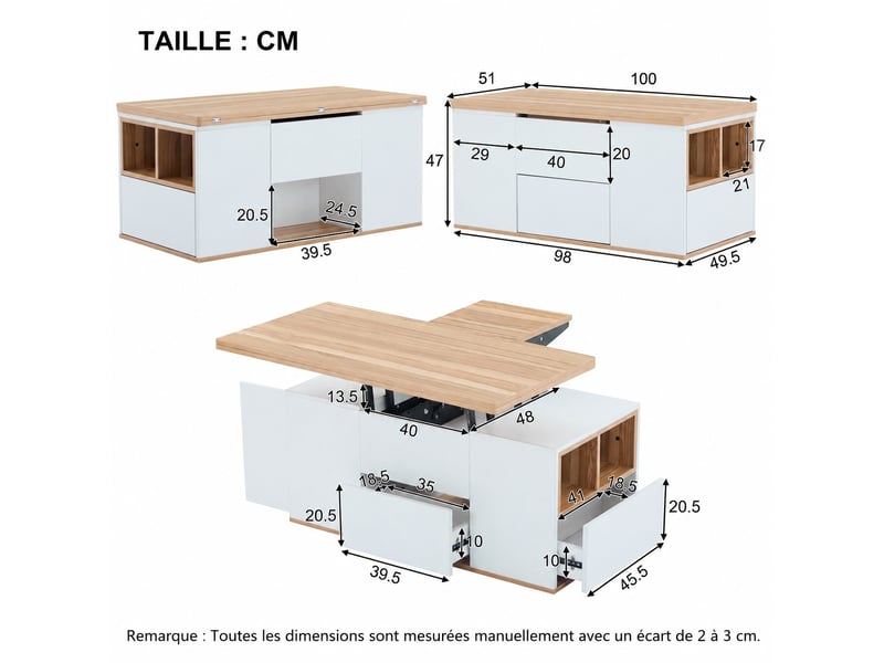 Table basse relevable multifonction, 2 plateaux, rangements, 100 x 51 x 47 cm, blanc et bois naturel - Conforama C