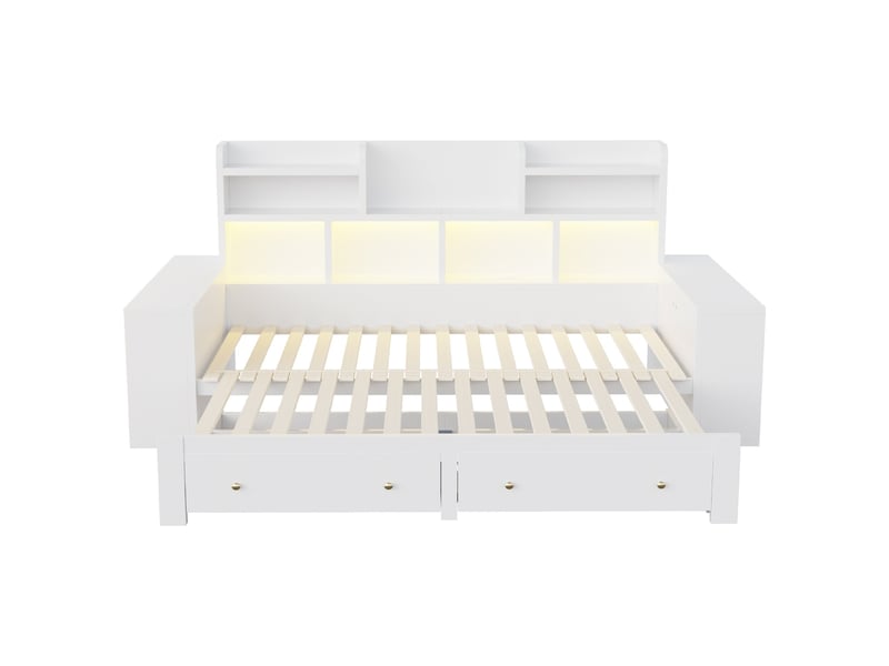  Canapé-lit extensible en bois, 90 × 200 cm, avec compartiments, étagères et tiroirs, prise électrique et éclairage led, blanc  - Conforama A