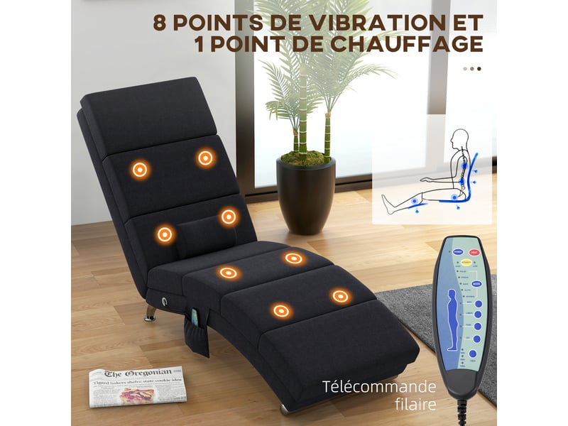  Fauteuil relax chaise longue de relaxation ergonomique, massant et chauffant avec télécommande noir 56 x 168 x 84 cm  - Conforama D