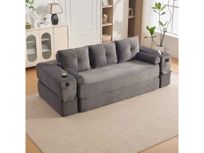 Canapé droit convertible 3 places en velours côtelé gris foncé 232x98x80 cm, poches, porte-gobelets, salon 232x98x80cm - Conforama D