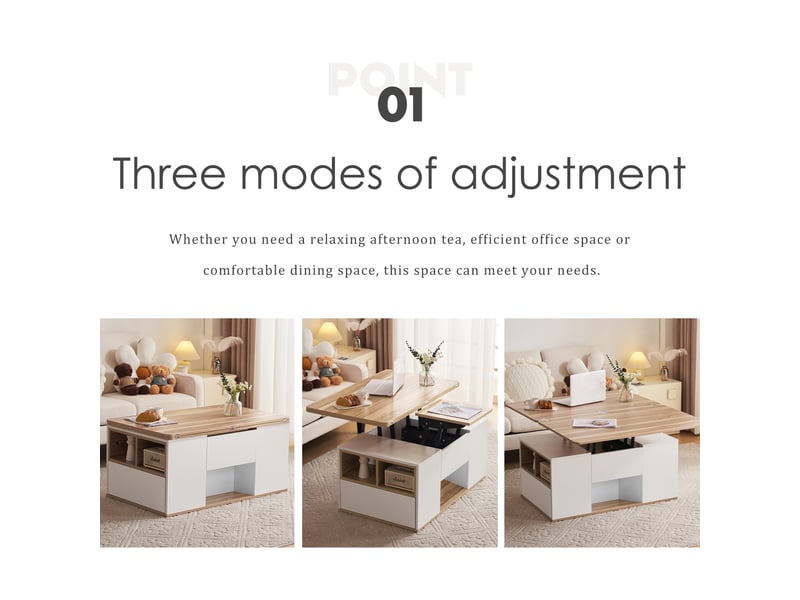  Table basse relevable multifonction blanche et bois 100x51cm avec 2 tiroirs et plateau extensible pour salon moderne  - Conforama R