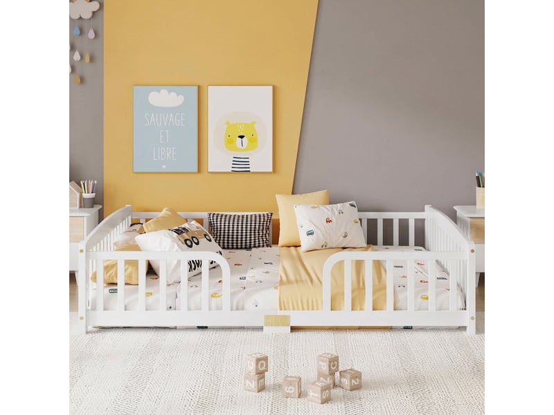  Lit au sol enfant 140x200 avec barrière de sécurité bois de pin accès central blanc  - Conforama B