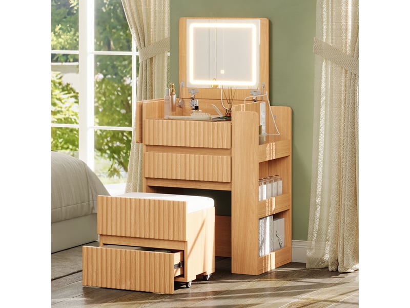  Petite coiffeuse avec miroir rabattable led, 2 prises, port usb &amp; type-c, tabouret à roulettes, 3 tiroirs et plateau de table d'appoint rabattable, N657P45525354N - Conforama E