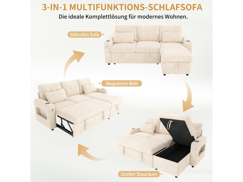  Canapé d'angle réversible convertible avec coffre, led, ports usb et usb-c, porte-gobelets, en chenille beige  - Conforama E