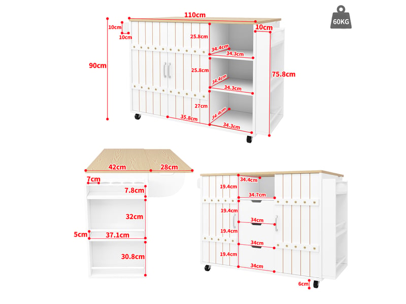  Desserte de cuisine avec 2 portes coulissantes, 3 tiroirs, plateau rabattable et roulettes pour cuisine, 110×42×90 cm  - Conforama D