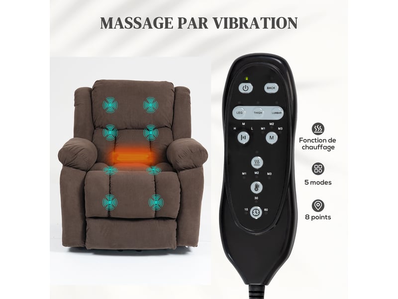  Fauteuil releveur électrique, massage et chauffage, repose-pieds, dossier inclinable, télécommande, 93x104x100cm, marron  - Conforama E