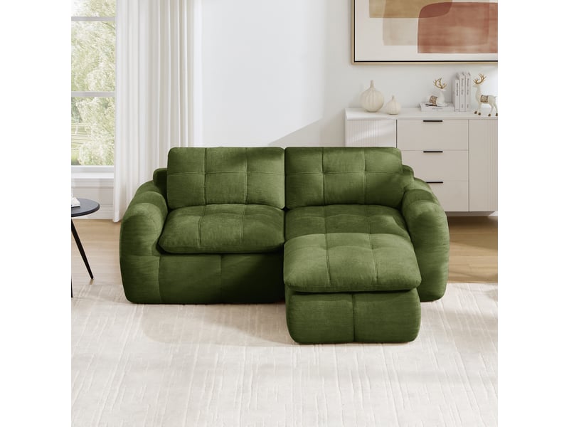 Canapé 2 places - 194 x 160 x 68 cm - canapé modulable en l en chenille avec 1 pouf amovible et coussins - vert - Conforama D