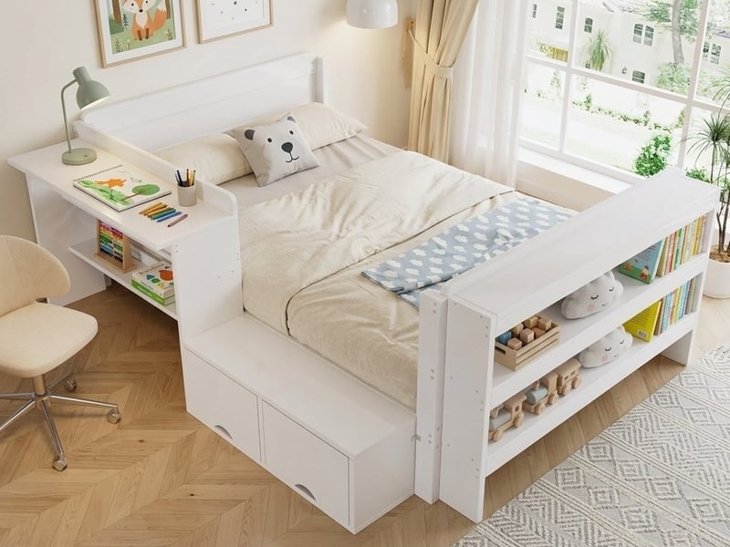 Lit simple en bois 120 x 200 cm, avec bureau, compartiment à rabat et étagère ouverte au pied du lit, blanc - Conforama B