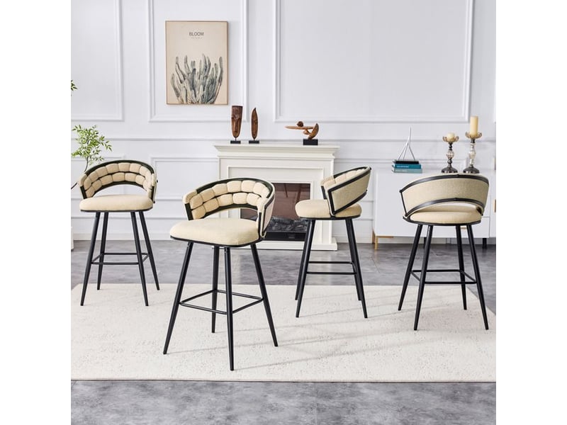  Tabouret de bar moderne - velours beige - pieds en fer noir - dossier tressé - repose-pieds intégré - confort durable 56x50.5x98.5cm - Conforama E