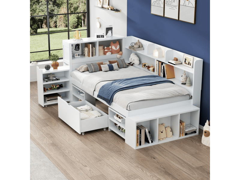  Lit enfant 90x200 cm, espace de rangement, tiroir, étagère, sommier, contre-plaqué blanc, sans matelas  - Conforama B