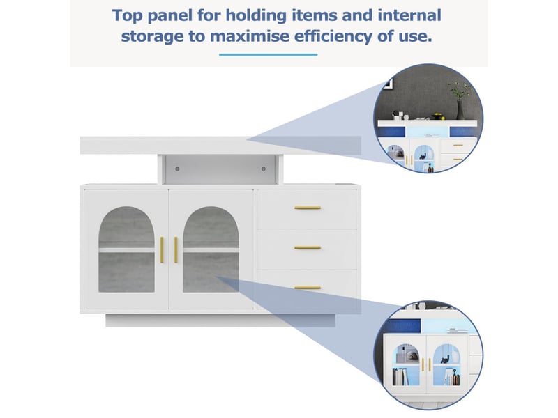  Buffet de cuisine, 2 portes 3 tiroirs, meuble de rangement, 120 x 40 x 80 cm, avec éclairage 16 couleurs, blanc  - Conforama E