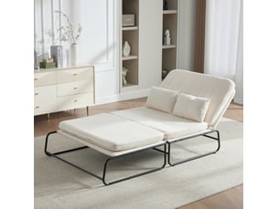 Canapé convertible 2 places avec couchage et poches latérales, structure métallique en chenille beige