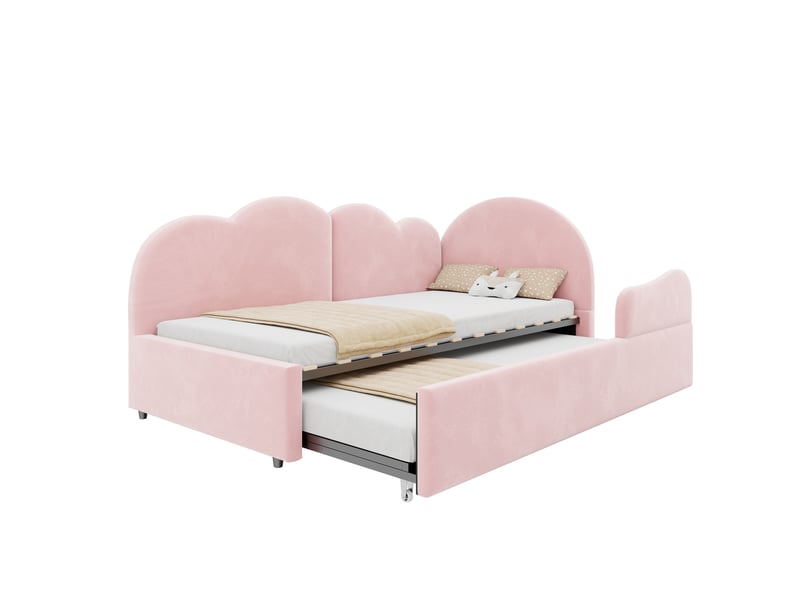  Canapé-lit capitonné 90x200cm + 90x190cm - tête de lit en forme de nuage - tissu velours - rose (matelas non inclus)  - Conforama A