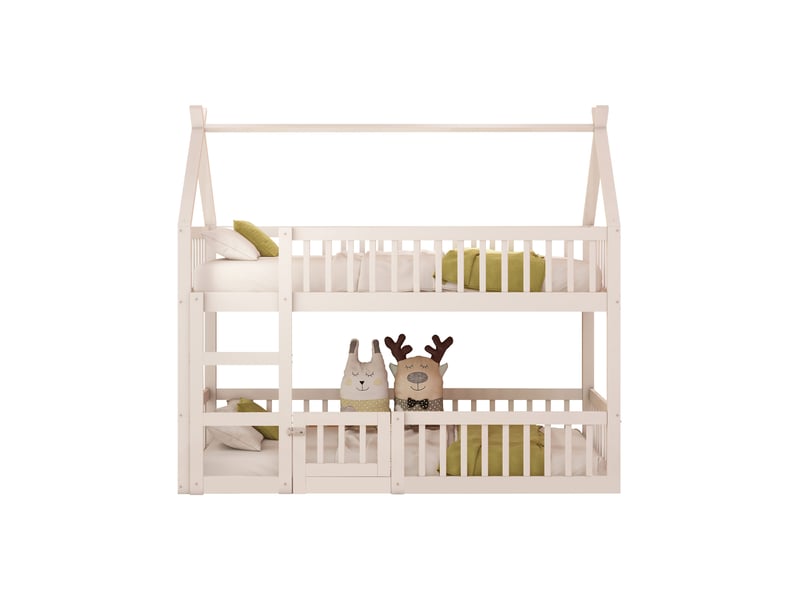 Lit superposé 90x200 cm pour enfant - avec escalier sécurisé et barrière, espace inférieur modulable, bois et mdf - blanc, sans matelas - Conforama A