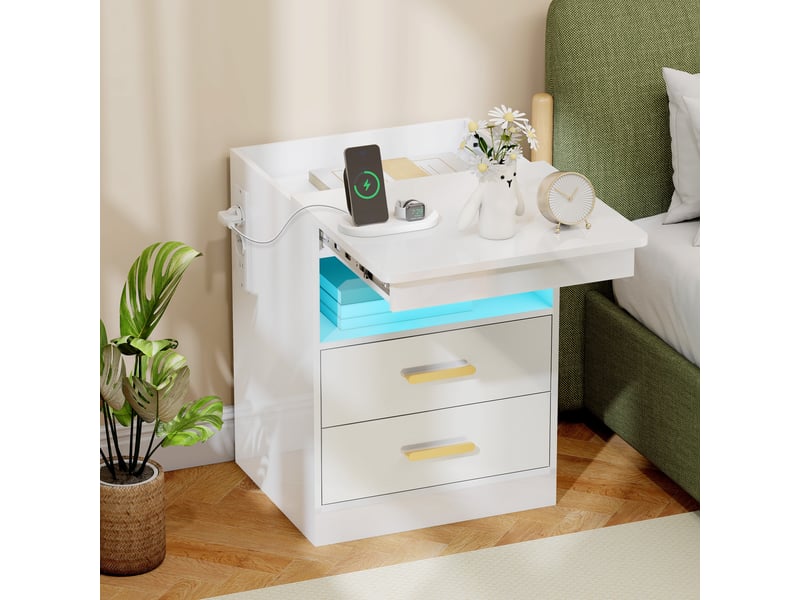  Table de chevet avec station de charge et éclairage led rgb, blanc brillant  - Conforama C