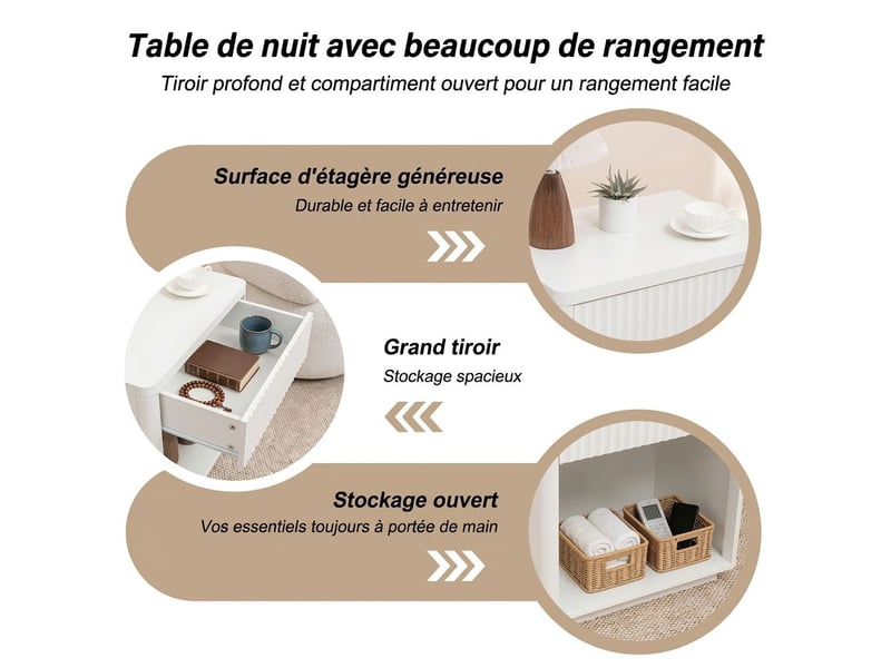  Lot de 2 tables de chevet modernes 55x40x63,5 cm avec 1 tiroir et 1 niche ouverte – bouts de canapé blancs avec façade ondulée et glissières silencieuses – blanc  - Conforama E