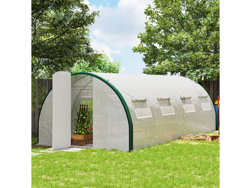 Serre tunnel de 6 x 3 m avec 2 entrées et 8 fenêtres, en pe, polyester et acier galvanisé, blanc et vert - Conforama C