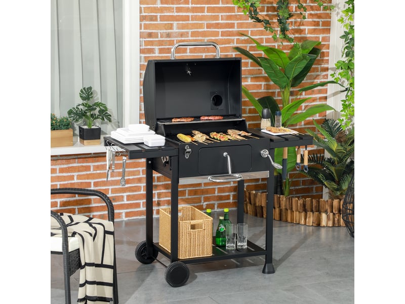  Barbecue fumoir à charbon de bois, avec thermomètre et ouvre-bouteille, 120 x 64 x 114 cm, noir  - Conforama C