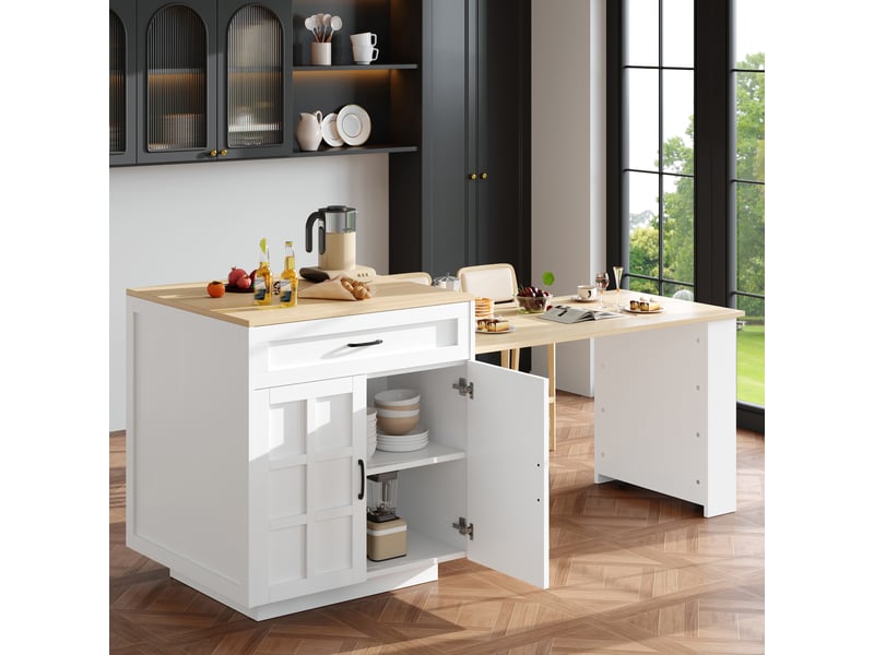 Desserte cuisine, îlot central sur roulettes avec plan de travail, plateau extensible, 2 tiroirs, dimensions 133 à 202 x 70 x 93,5 cm, mdf, blanc - Conforama D