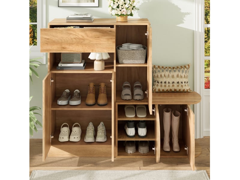  Meuble à chaussures avec banc 130x35x110,5 cm, grand rangement, 1 tiroir, 5 portes, mdf, naturel  - Conforama B