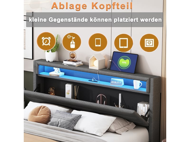 Lit double 140x200 cm avec tête réversible et rangement, prise usb, led multicolore en tête et au pied, pieds dissimulés, lin, gris - Conforama E