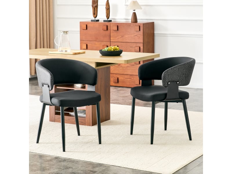  Chaises de salle à manger mid-century – lot 2, fauteuils tonneau rétro, dossier motif, cuir synthétique, pieds robustes  - Conforama B