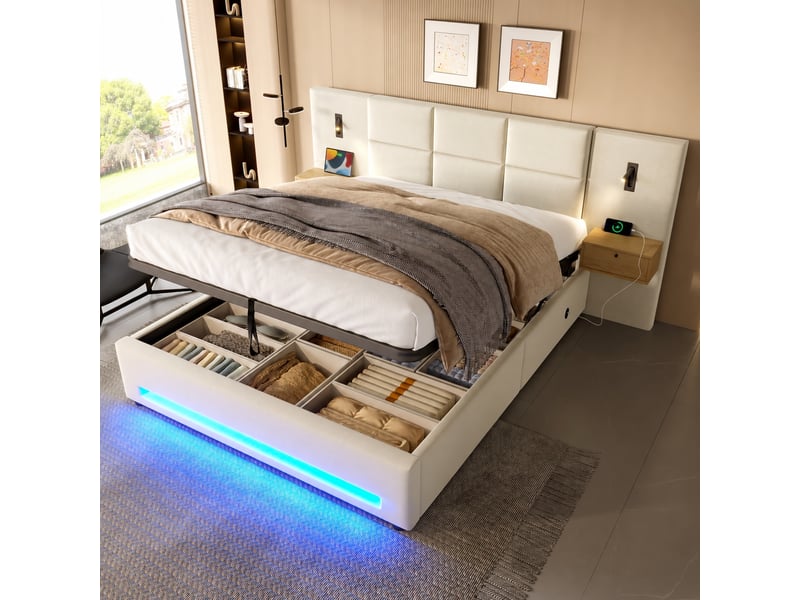 Lit coffre 160 x 200 cm en velours beige, ouverture hydraulique, tête de lit avec tiroirs, led et usb-c - Conforama B