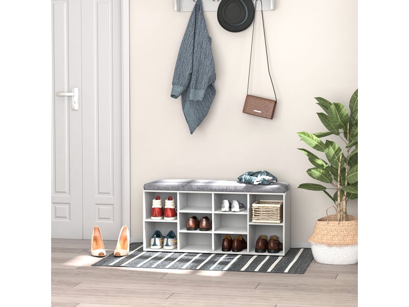 Banc à chaussures pour 8 à 10 paires, étagères réglables, bois, blanc, 104 x 30 x 48 cm  - Conforama D