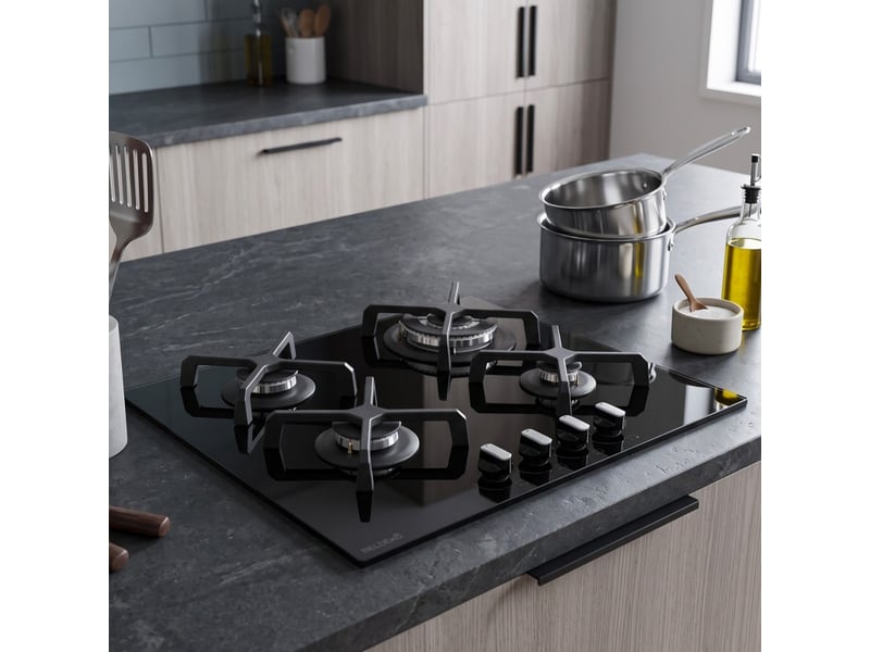 Beldeko - plaque de cuisson gaz verre noir 4 feux - gaz ville et bouteille - grilles en fonte - 8000 watts - Conforama B