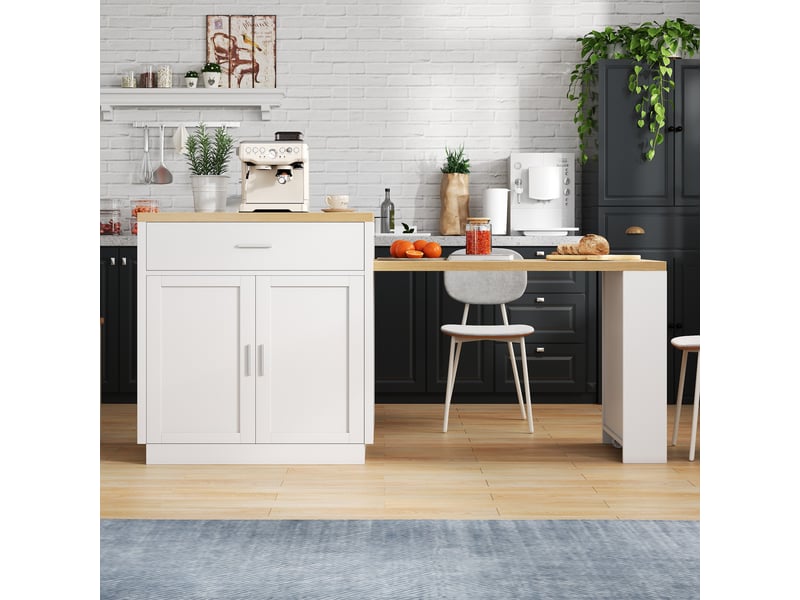 Îlot de cuisine avec table extensible 4-6 personnes, prises, 2 tiroirs et étagères - Conforama B