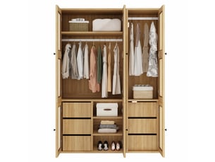 Armoire avec portes en rotin et 6 tiroirs, garde-robe couleur chêne pour chambre, 135x47x200 cm