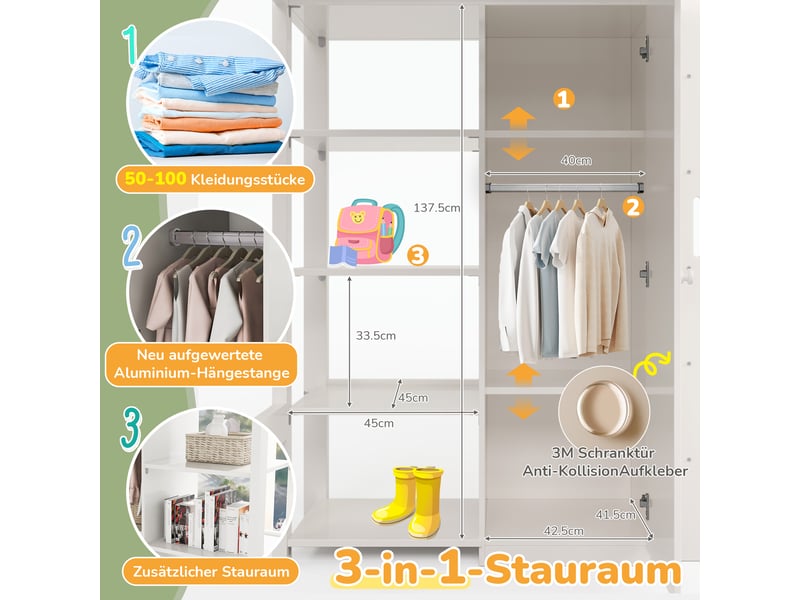  Lit mezzanine enfant 90x200 avec armoire et 6 étagères, blanc, bois massif, certifié en 747  - Conforama R
