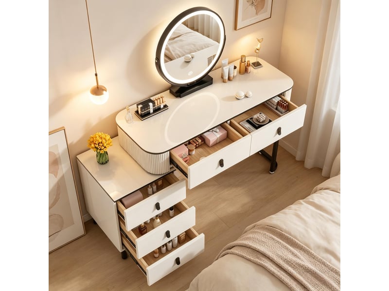 Coiffeuse avec 5 tiroirs et miroir led réglable pour chambre 100×40×125 cm en mdf noir et blanc  - Conforama D
