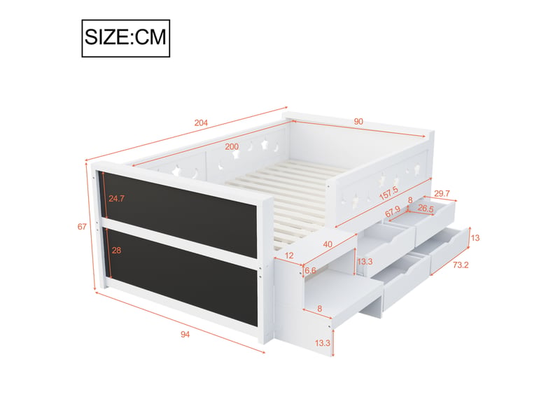  Lit pour enfant, 90x200 cm, avec barrières de sécurité, tiroirs, led, matelas non inclus, bois, coloris noir et blanc  - Conforama C
