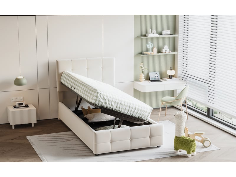  Lit coffre enfant 90x200 cm à relevage hydraulique, velours beige et tête réglable  - Conforama R