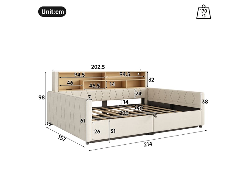 Canapé-lit rembourré 140x200 cm avec led et usb,lit coffre rangement hydraulique,tête de lit de rangement,tissu lin,beige - Conforama C