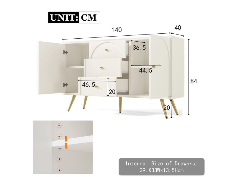 Buffet blanc 140x84x40 cm, meuble bas avec 2 portes latérales et 3 tiroirs centraux, idéal pour stockage salon et chambre - Conforama C