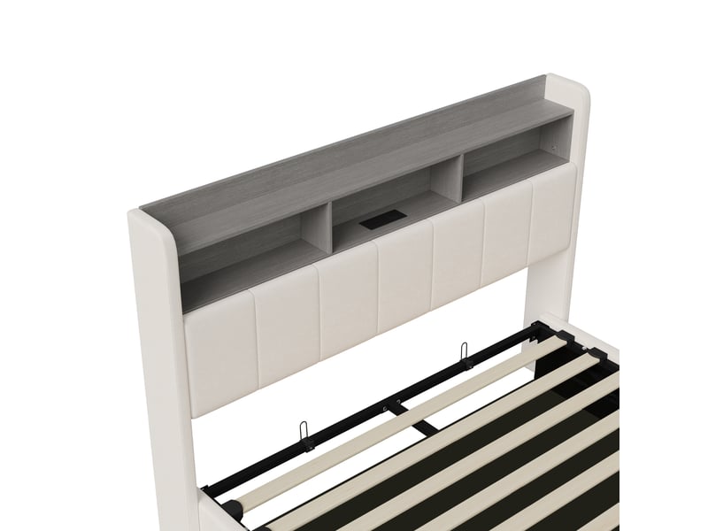  Lit hydraulique 160x200 avec éclairage led, lit coffre avec rangement et tête de lit capitonnée cadre de lit double avec led et chargeur usb lit 2 places avec lattes beige velours, sans matelas  - Conforama W
