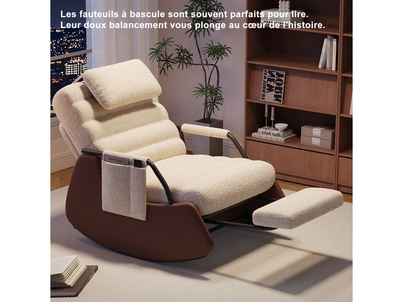  Fauteuil à bascule-rocking chair - repose-pieds pliable- appui-tête et poches latérales - laine d'agneau -beige -67x91.5x92cm  - Conforama W