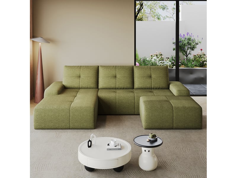 Canapé d’angle 4 places avec ottomane en tissu vert olive, 262x172x82 cm - Conforama B