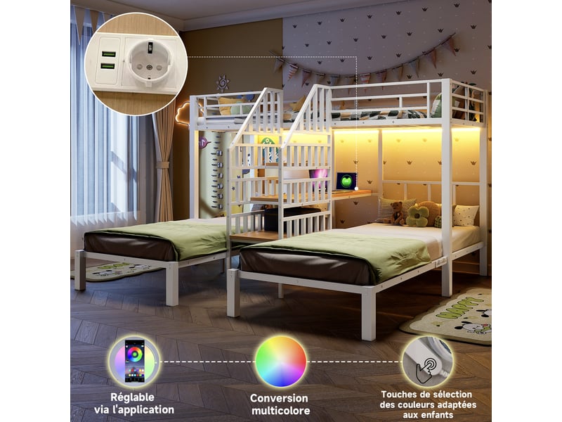  Lit superposé 90x200 cm avec bande lumineuse led et bureau, 3 couchages, lit enfant 2 ports usb + 1 prise électrique, blanc  - Conforama R
