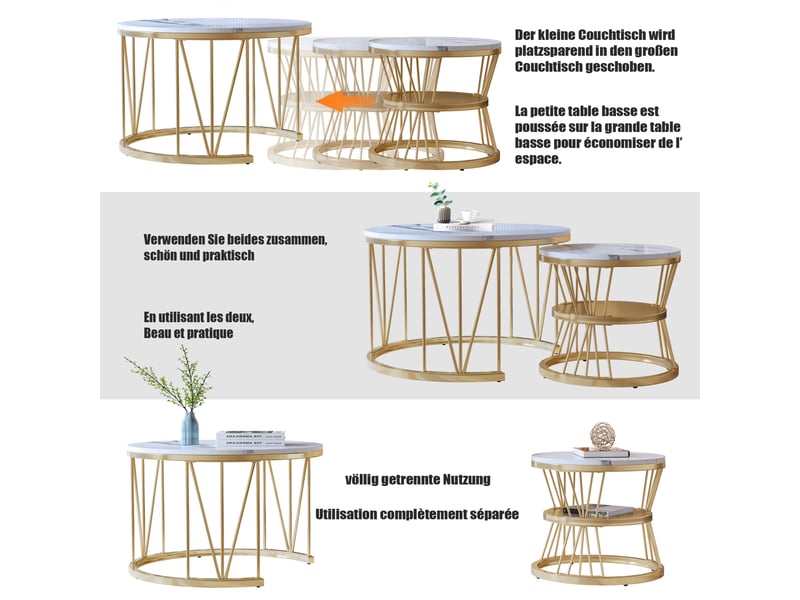  Lot de 2 table basse ronde, table gigogne avec aspect marbre blanc et cadre doré, petit meuble pour salon et balcon, 70cm＋45cm  - Conforama R