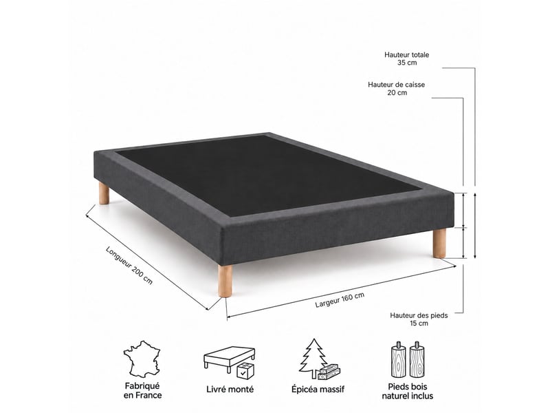  Sommier tapissier déco 160x200 cm gris - hauteur 35 cm - caisse 20 cm - pieds inclus  - Conforama E